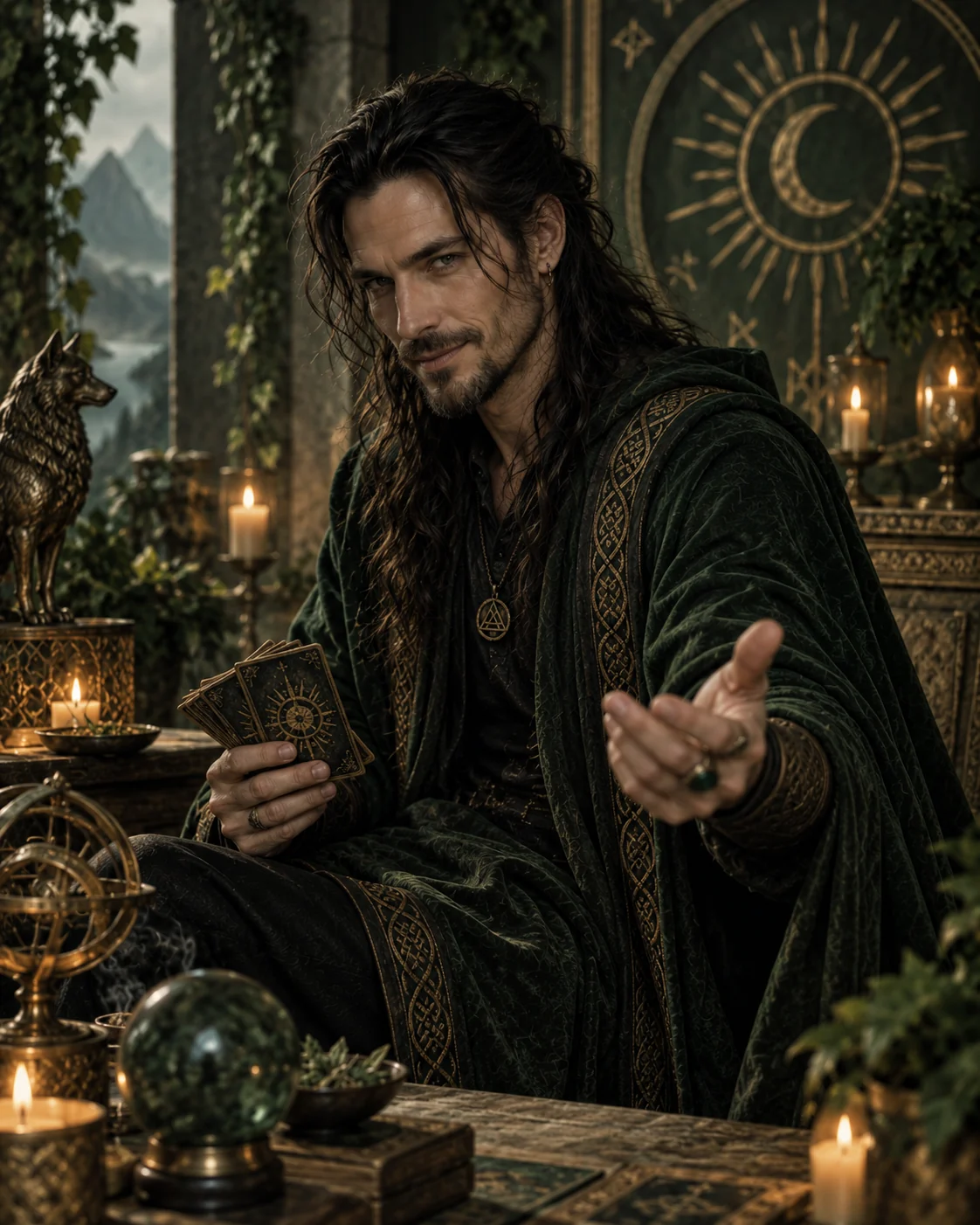 Loki con las cartas de oráculo, tendiendo la mano al comenzar una lectura